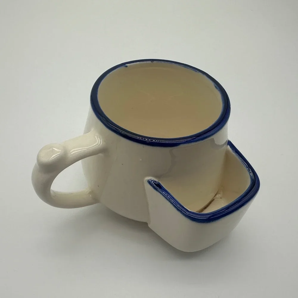 Vintage Ceramic Shaving Cream Mug with Side Brush Pocket Blue Rim Cream Pottery